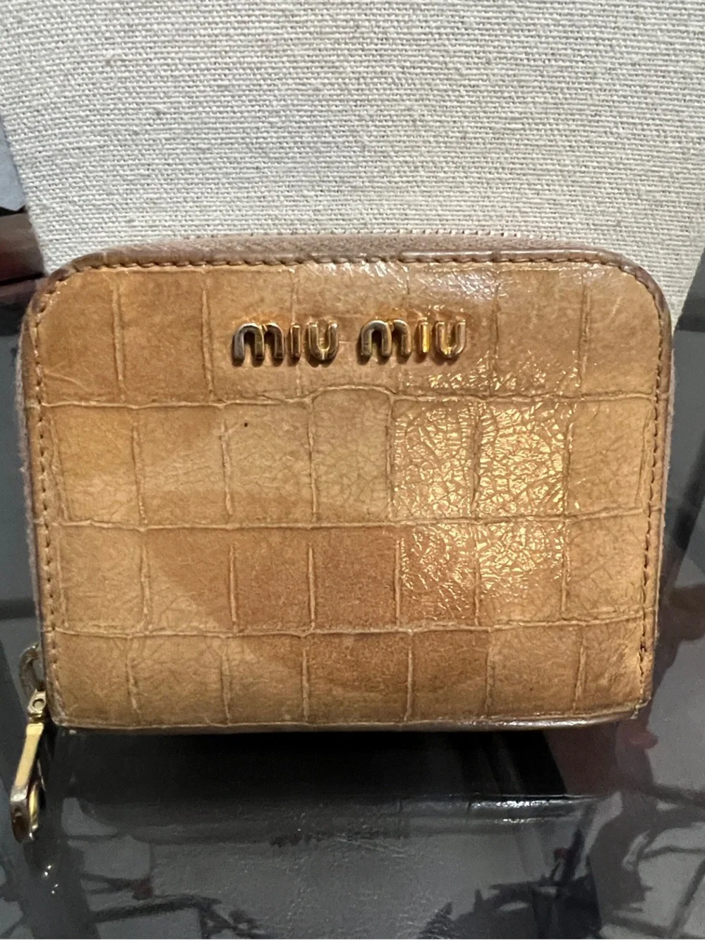 Miu Miu Croc-Embossed Tan Leather Zip Wallet with Gold Logo